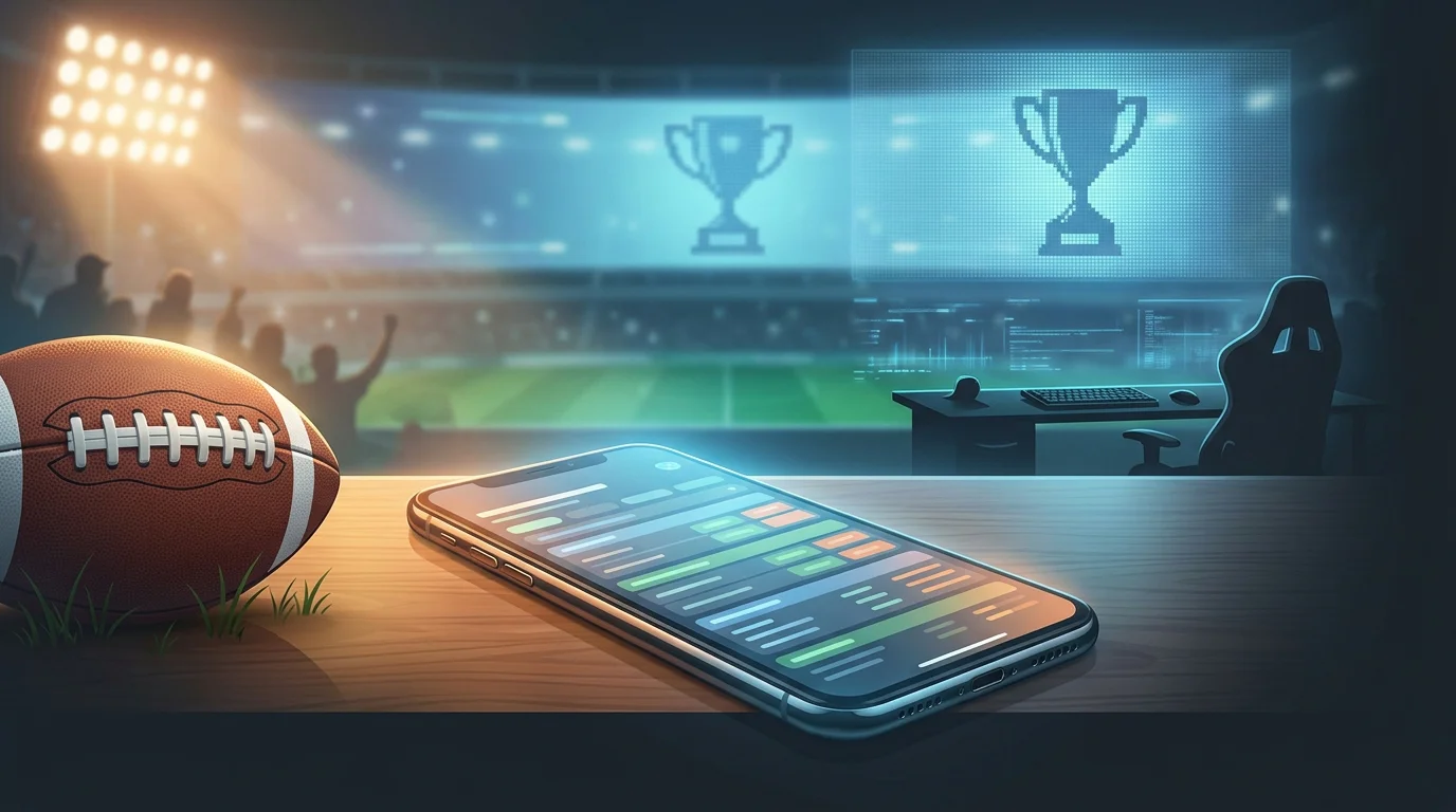 Mobile sports and esports betting illustration with football and competitive gaming motifs