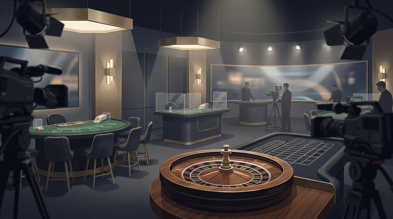 Editorial live casino scene with roulette wheel, blackjack table and studio lighting