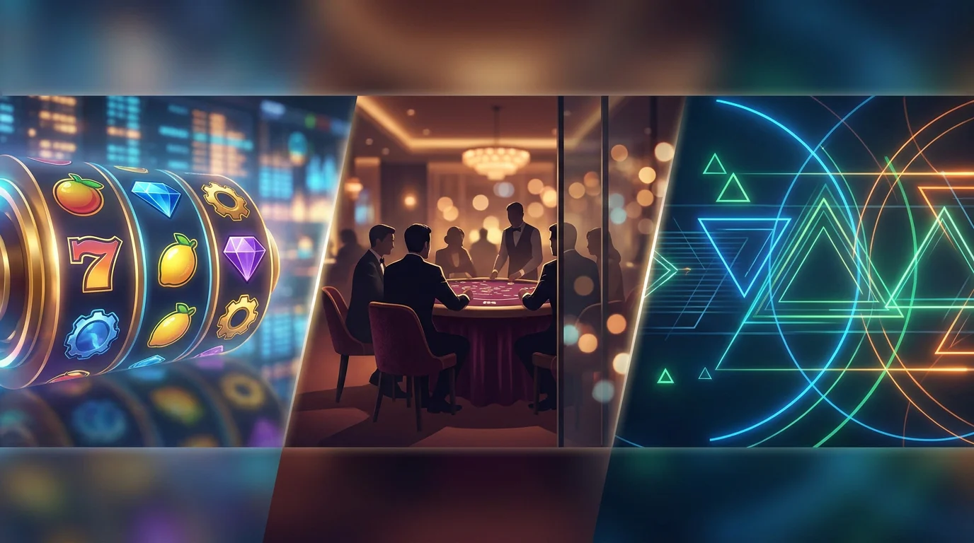 Casino catalogue mosaic with slots, live tables and fast games
