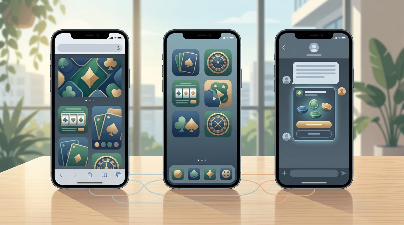 Smartphones illustrating browser, installable web app and Telegram access routes