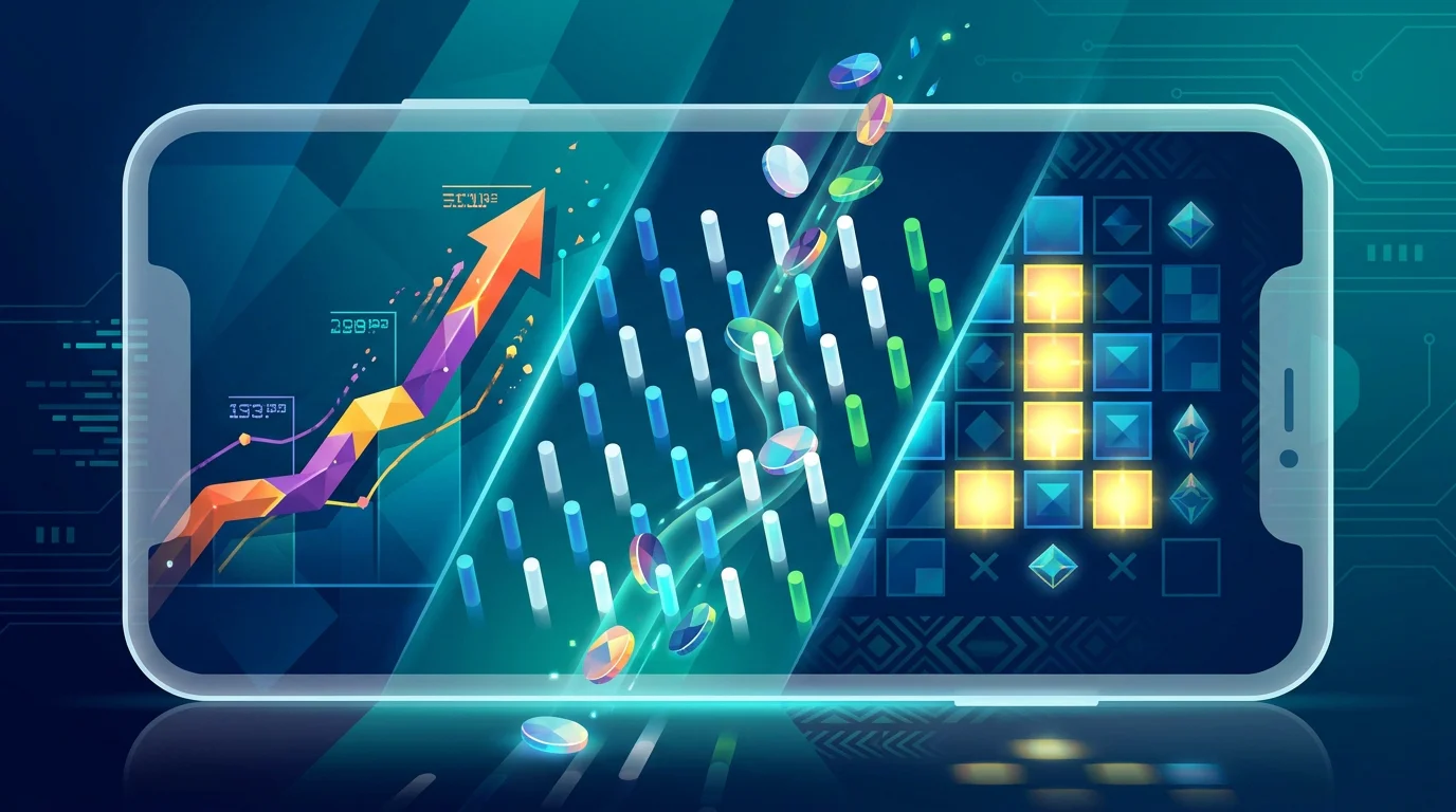 Abstract mobile fast-game scene with rising multiplier, Plinko pins and Mines-style grid