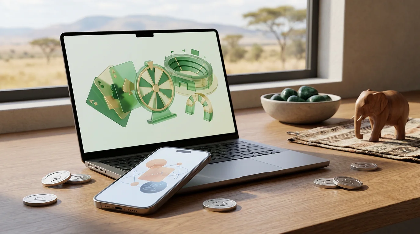 Editorial illustration of mobile casino and sportsbook evaluation in Kenya with crypto motifs